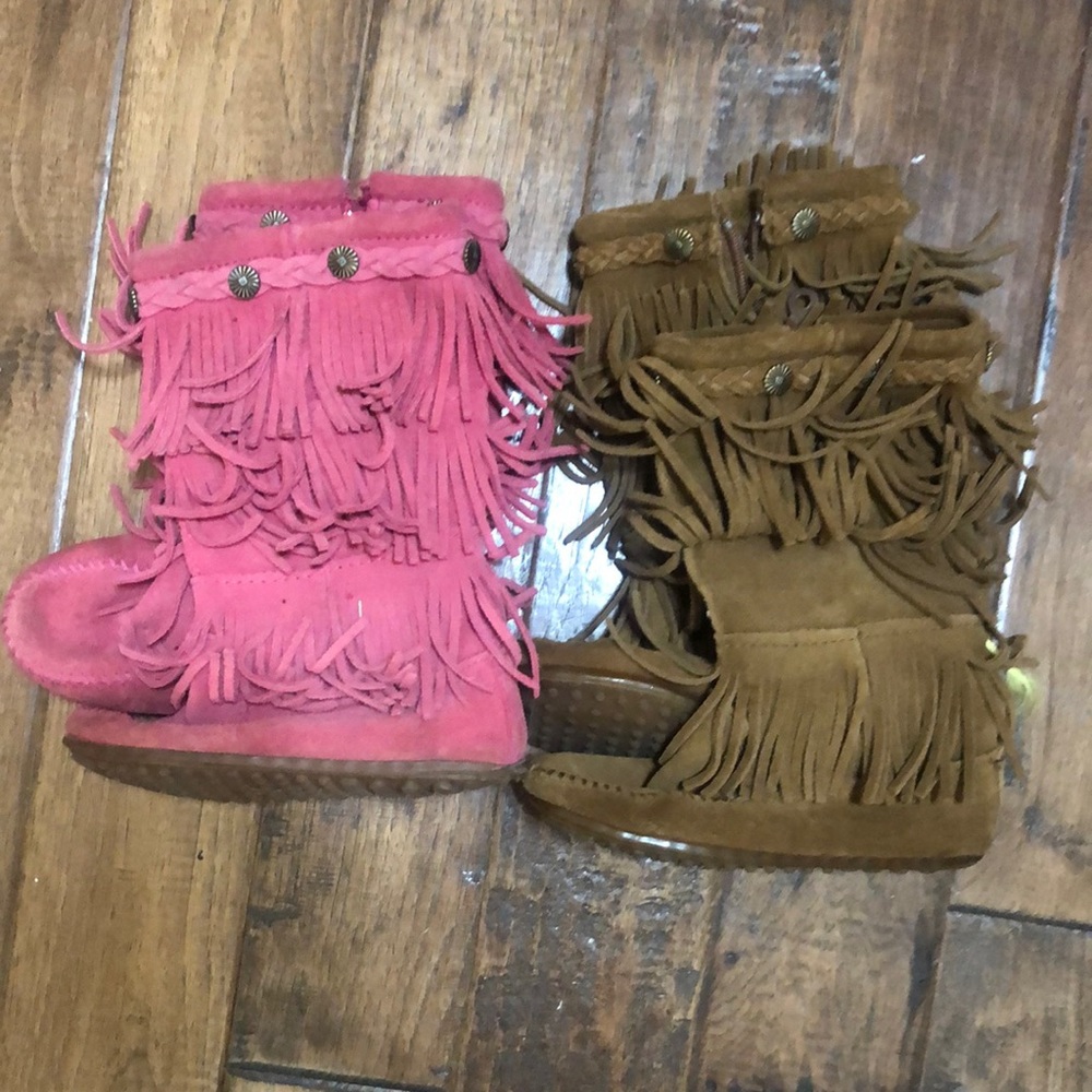 Minnetonka Brown and Pink boots. Sold as lot. Good used condition.